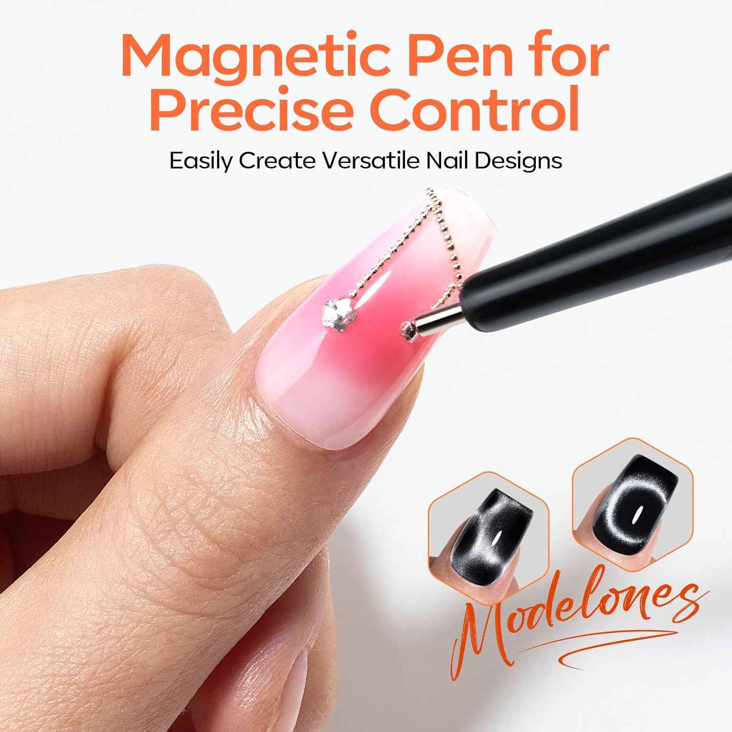 modelones Cat Eye Magnet Set, Heart French Cateye Gel Polish Nail Tools Kit Dual-Head 3 IN One Magnets Pen Heart Round Square Flower Glassy Moon Multi Effect Nail Art Designs Home DIY Salon Use