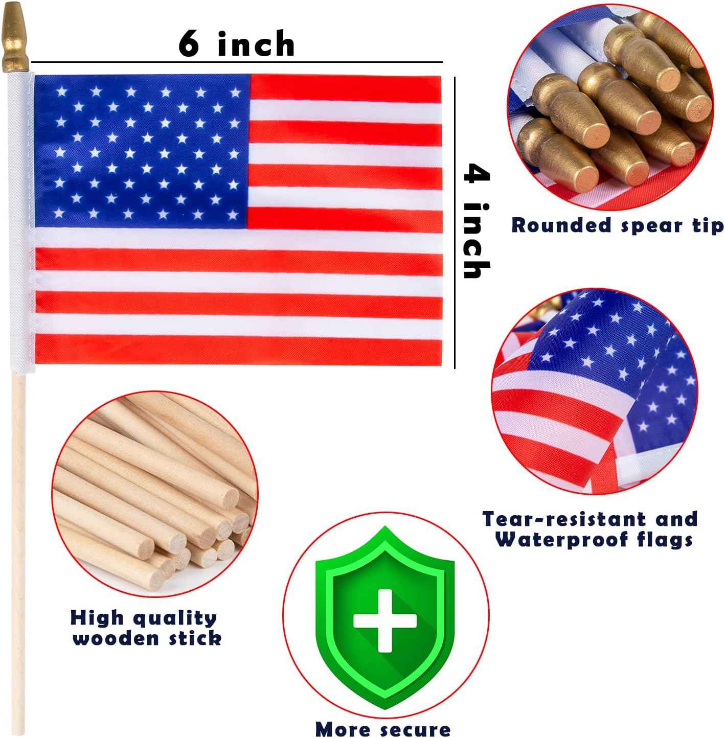 40 Pack Small American Flags on Stick 4*6 Inch Mini American Flags for 4th of July Decorations Memorial Day Decorations Patriotic Decorations US American Hand Held Wooden Stick Flag with Kid-Safe