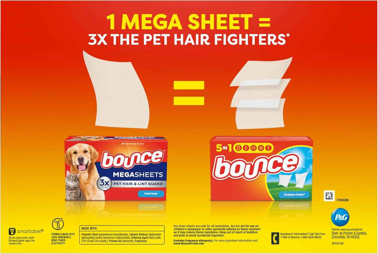 Bounce Pet Hair and Lint Guard Mega Dryer Sheets with 3X Pet Hair Fighters, Fresh Scent