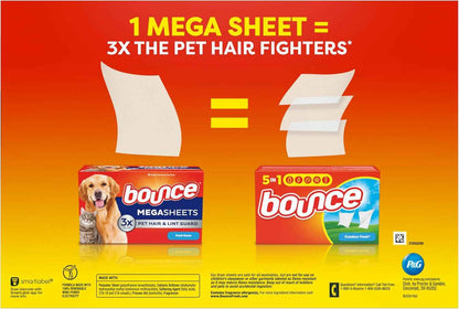 Bounce Pet Hair and Lint Guard Mega Dryer Sheets with 3X Pet Hair Fighters, Fresh Scent