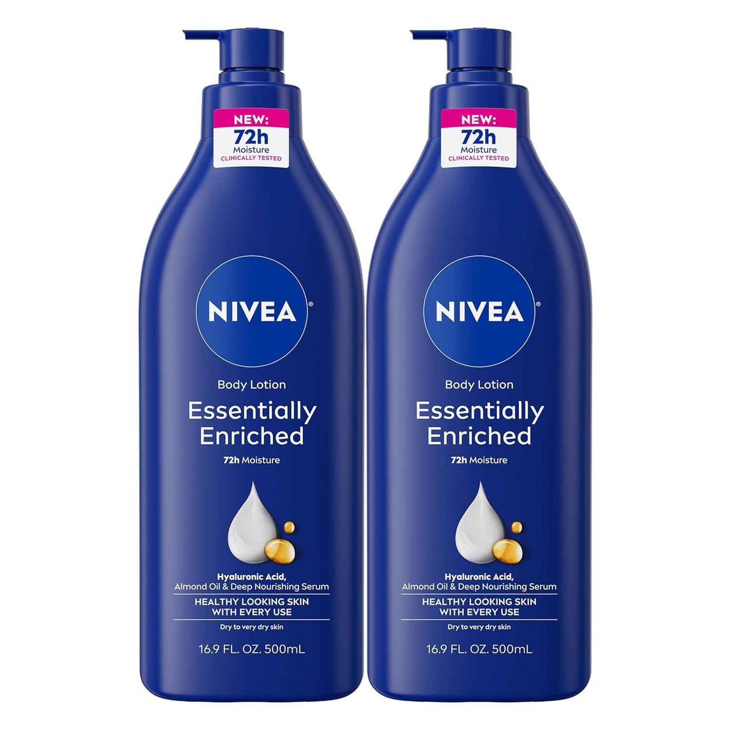 NIVEA Essentially Enriched Body Lotion for Very Dry Skin with Hyaluronic Acid, Almond Oil and Deep Nourishing Serum, 72-Hour Body Moisturizer, 16.9 Fl Oz Pump Bottle