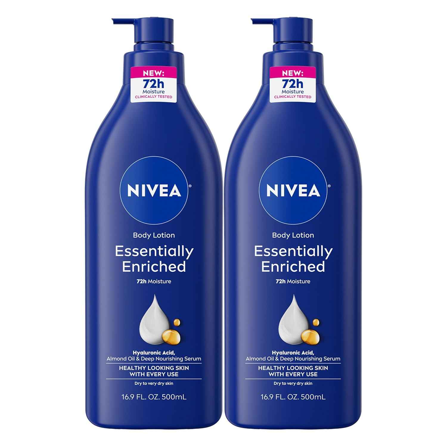 NIVEA Essentially Enriched Body Lotion for Very Dry Skin with Hyaluronic Acid, Almond Oil and Deep Nourishing Serum, 72-Hour Body Moisturizer, 16.9 Fl Oz Pump Bottle