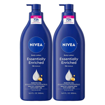 NIVEA Essentially Enriched Body Lotion for Very Dry Skin with Hyaluronic Acid, Almond Oil and Deep Nourishing Serum, 72-Hour Body Moisturizer, 16.9 Fl Oz Pump Bottle