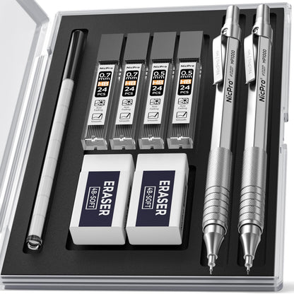 Nicpro 2 PCS Mechanical Pencil 0.5mm &amp;amp; 0.7 mm with Case, MP1000 Metal Artist Pencil Set with 4 Tubes HB Lead Refills, 2 Erasers, 9 Eraser Refills For Art Writing Drafting, Drawing, Sketch, Silver