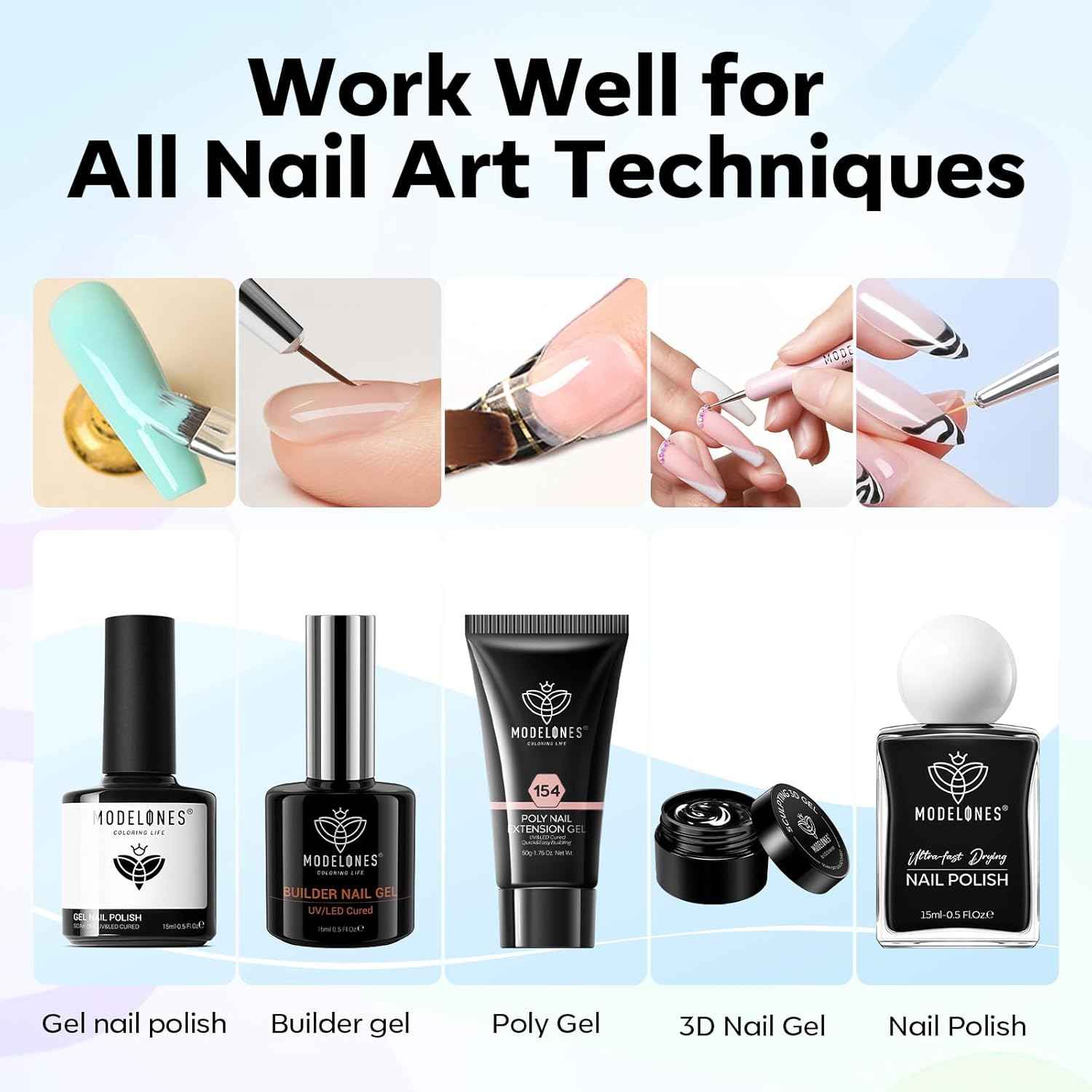 Modelones Set, Nail Brush kit Gel Polish, Extension Gel, Liner, Clean up, Carving, Apex Building, Dotting Pens Professional Tools for Drawing Painting 3D Design Salon & DIY Use