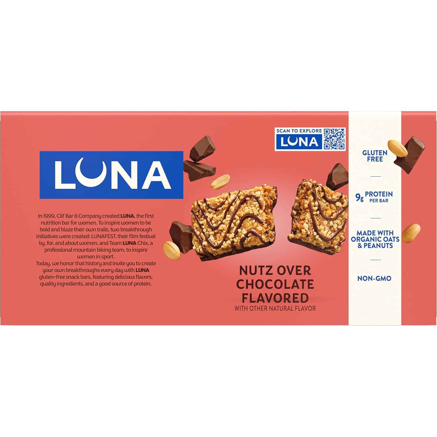 LUNA Bar - Nutz Over Chocolate Flavor - Gluten-Free - Non-GMO - 7-9g Protein - Made with Organic Oats - Low Glycemic - Whole Nutrition Snack Bars - 1.69 oz. (15 Count)