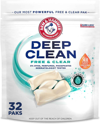 ARM & HAMMER Deep Clean Free & Clear Laundry Detergent Power Paks, Free of Dyes and Perfumes, Dermatologist Tested
