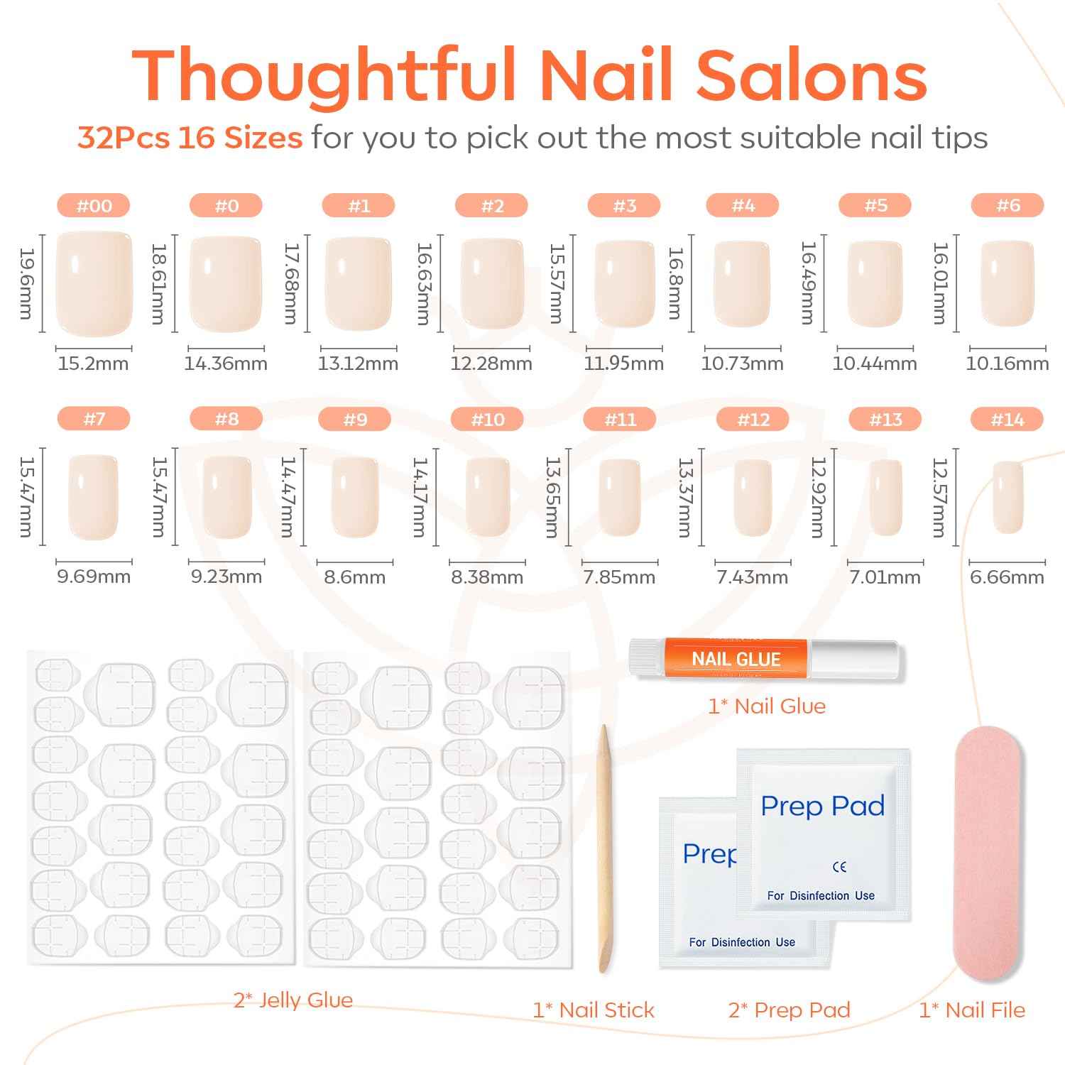 Modelones White Press on Nails, Short Square Fake Nails, Reusable Nail Kit with Nail Glue Adhesive Tabs Mini Nail File, Summer Nails Press Ons 32Pcs 16 Sizes, Women Girl Gift