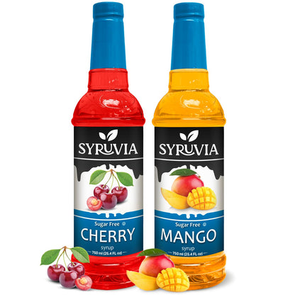Syruvia Sugar-Free Fruit Flavors Variety Pack Cherry &amp;amp; Mango Syrup - 0 Calorie - for Tea, Italian Sodas, Beverages, Desserts, Ice Cream, Cocktails &amp;amp; Mocktails, Kosher, 25.4 fl oz. (2-Pack)