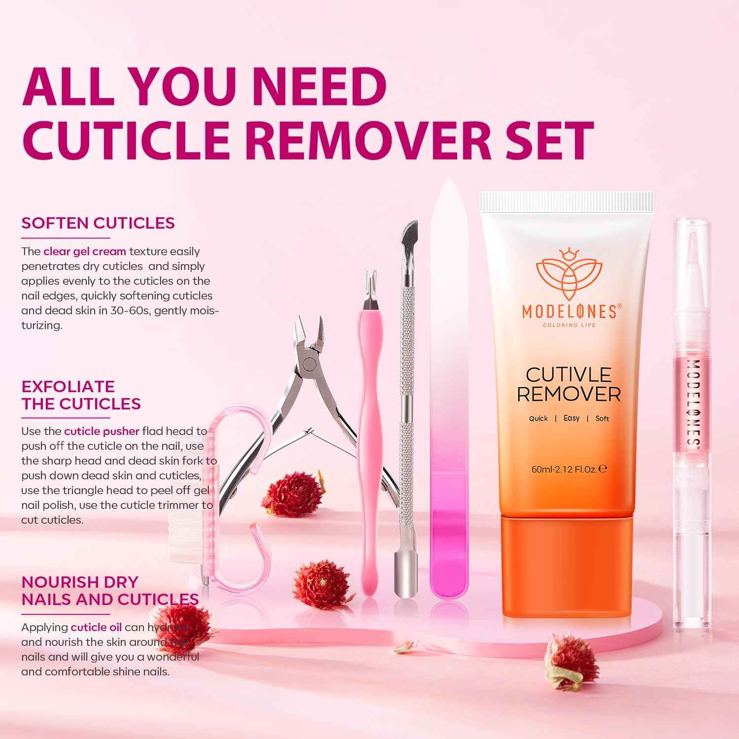 Modelones Cuticle Remover Kit - Cuticle Remover Cream & Cuticle Oil, Cuticle Care Kit w/Cuticle Trimmer Cuticle Pusher & Cuticle Nipper for DIY Nail Manicure, Removedor de Cuticula for Nail Care