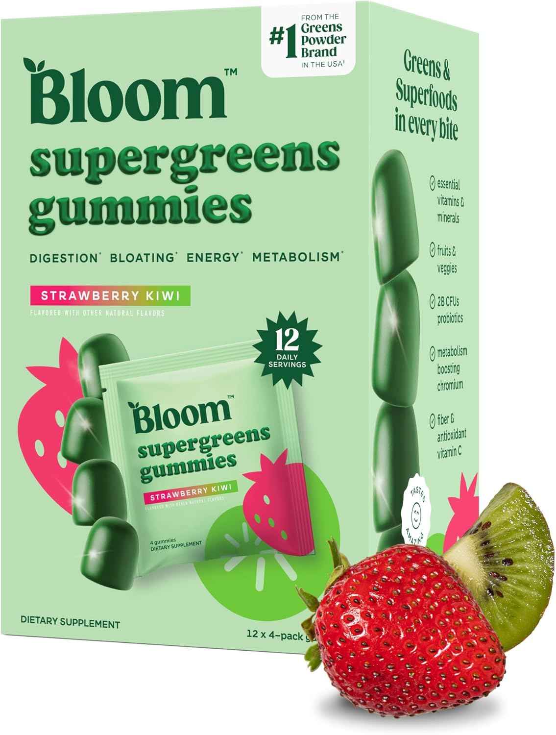 Bloom Super Greens Gummies, Daily Greens Superfood Fiber Gummies with Fruits, Vegetables, Vitamins & Minerals for Digestive & Gut Health, Bloating Support, Strawberry Kiwi, 12 Servings (48 Total)