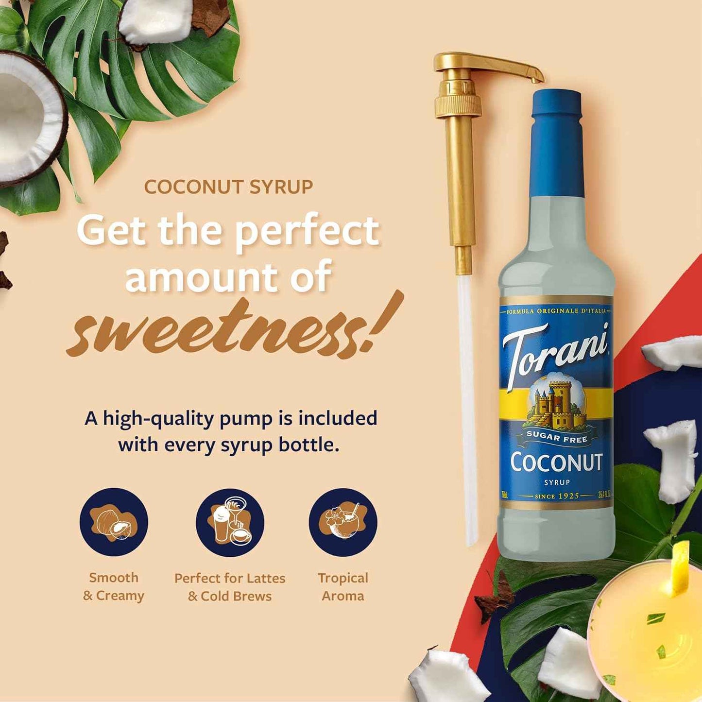 Torani Sugar Free Coffee Syrup, Coconut Flavored Syrup for Drinks, Zero Calorie, Pump Included, 25.4 Fl Oz
