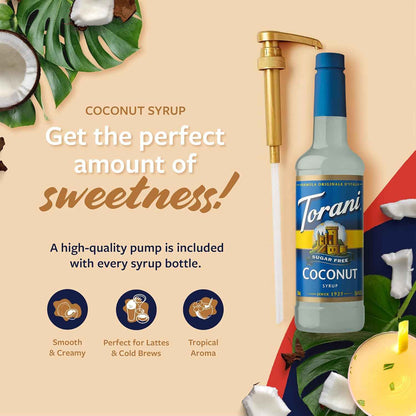 Torani Sugar Free Coffee Syrup, Coconut Flavored Syrup for Drinks, Zero Calorie, Pump Included, 25.4 Fl Oz