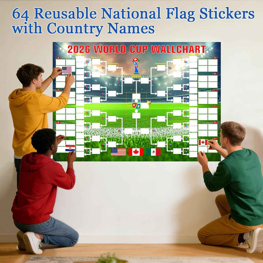 YANGALOOP 36x24 inches Predict 2026 World Cup Schedule Poster，64 Reusable National Flag Stickers with Country Names, Soccer Poster 2026 World Cup Merchandise, Soccer Gifts for Boys Room Decor
