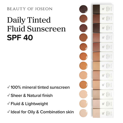 Beauty of Joseon Daily Tinted Fluid Sunscreen 12 Shades for Face Moisturizing Broad Spectrum SPF 40 Korean Skincare 50ml, 1.69 fl.oz #LN110 | 12 Shades, for Face, Moisturizing, Broad Spectrum, Korean Skincare
