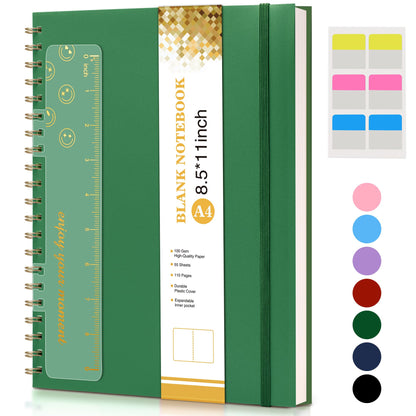 Blank Spiral Notebook Journal 8.5” x 11”, A4 Large Sketch Book for Women Men, 100 GSM Blank Paper Drawing Notebook, Plastic Hardcover Spiral Bound Sketchbook for Sketching Work School Writing, Green