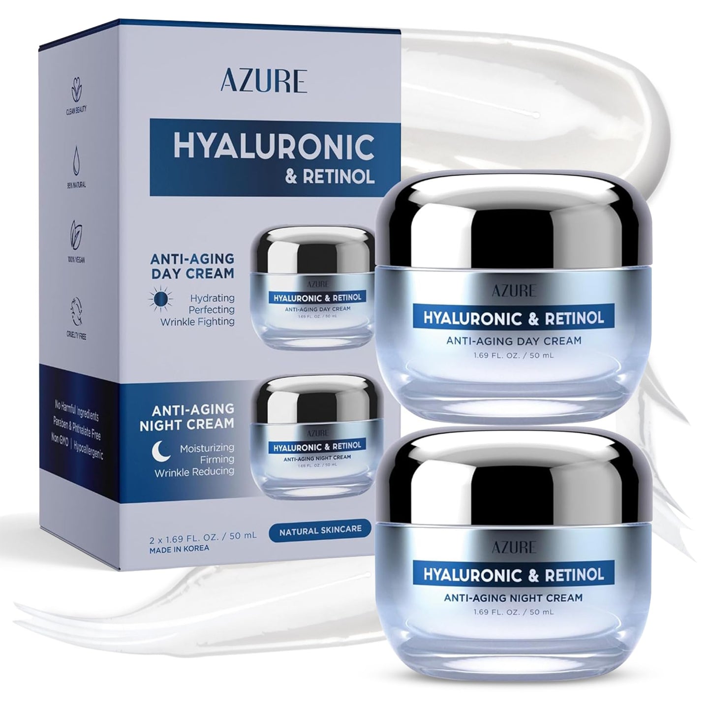 Azure Cosmetics Hyaluronic Acid Moisturizer Face Cream - Dermatologist Tested, Anti-Aging Retinol Cream for Dark Spots, Fine Lines &amp;amp; Wrinkles - Clean Beauty, Korean Skincare - Day &amp;amp; Night Duo Set