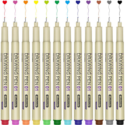 Muchcute 01 Micro Fineliner Drawing Art Pens: 12 Colors 0.25mm Extra Fine Point Bible No Bleed Smooth Journal Zentangle Study Supplies Colored Waterproof Line Ultra Needle Tip Fine liner Thin Gel Felt
