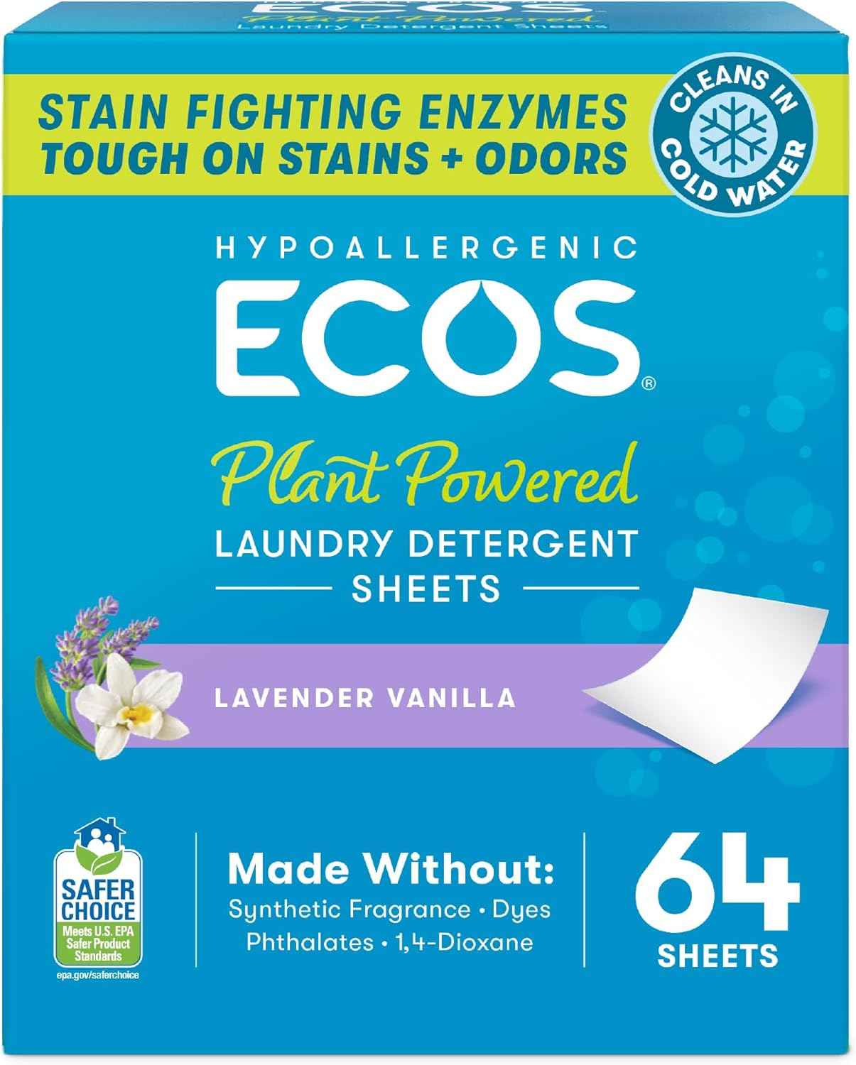 ECOS Laundry Detergent Sheets Vegan, No Plastic Jug, No Mess, Liquid Free - Hypoallergenic, Plant Powered Laundry Detergent Sheet - Lavender Vanilla