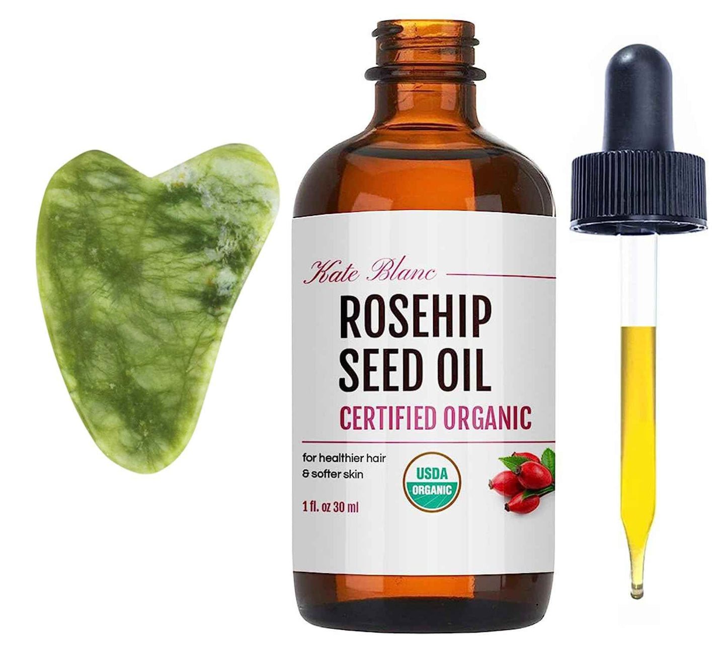 Kate Blanc Cosmetics Rosehip Seed Oil for Face, 100% Pure Organic | Cold Pressed Unrefined Rose Hip Facial Oil for Skin, Hair & Gua Sha Massage (1oz)