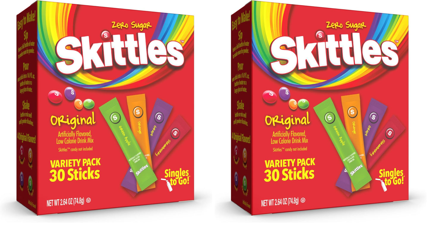 Skittles Singles To Go Variety Pack, Powdered Drink Mix, Zero Sugar, Low Calorie, Includes 4 Flavors: Green Apple, Strawberry, Grape, Orange, 1 Box (30 Single Servings) (Pack of 2)