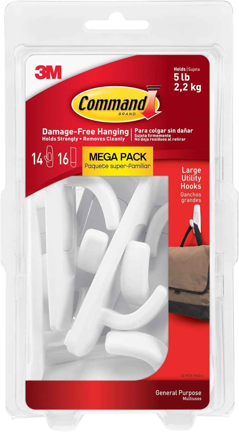 Command 5 lb Large Utility Hooks, 14 Hooks and 16 Strips, Damage-Free Hanging Wall Hook with Adhesive Strips, No Tools Required, Great for Home Kitchen Office Organization
