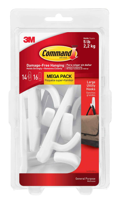 Command 5 lb Large Utility Hooks, 14 Hooks and 16 Strips, Damage-Free Hanging Wall Hook with Adhesive Strips, No Tools Required, Great for Home Kitchen Office Organization