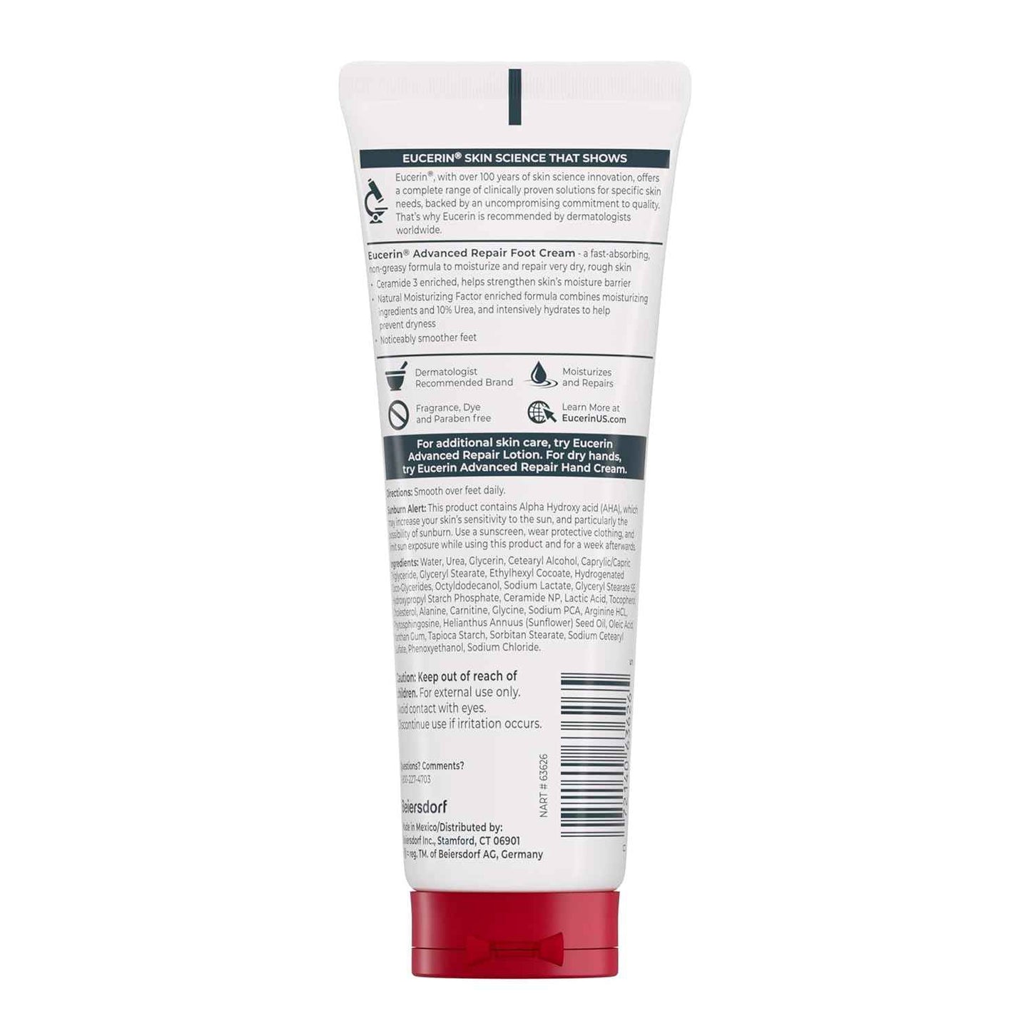 Eucerin Advanced Repair Foot Cream, Urea Enriched, Unscented Foot Cream for Dry Feet and Heels With Triple Moisturizing Complex, Travel Size Moisturizer, 3 OZ Tube, Pack of 3