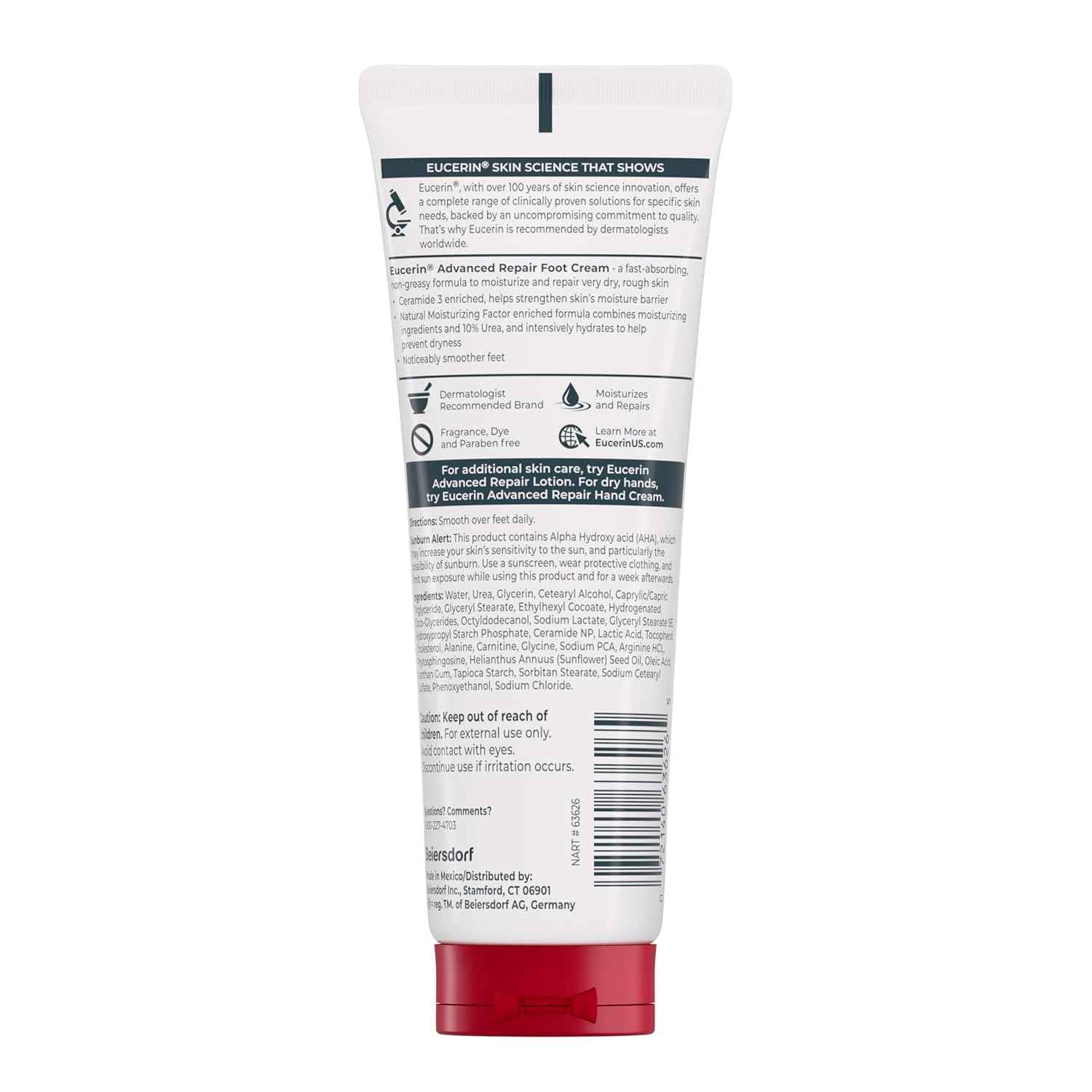 Eucerin Advanced Repair Foot Cream, Urea Enriched, Unscented Foot Cream for Dry Feet and Heels With Triple Moisturizing Complex, Travel Size Moisturizer, 3 OZ Tube, Pack of 3