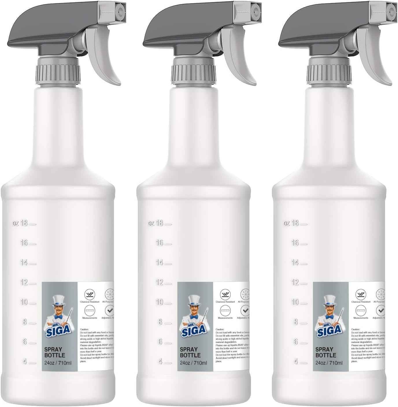 MR.SIGA 24 oz Empty Plastic Spray Bottles for Cleaning Solutions, Heavy Duty Household Reusable Spray Bottles with Measurements and Adjustable Leak Proof Nozzle, 3 Pack