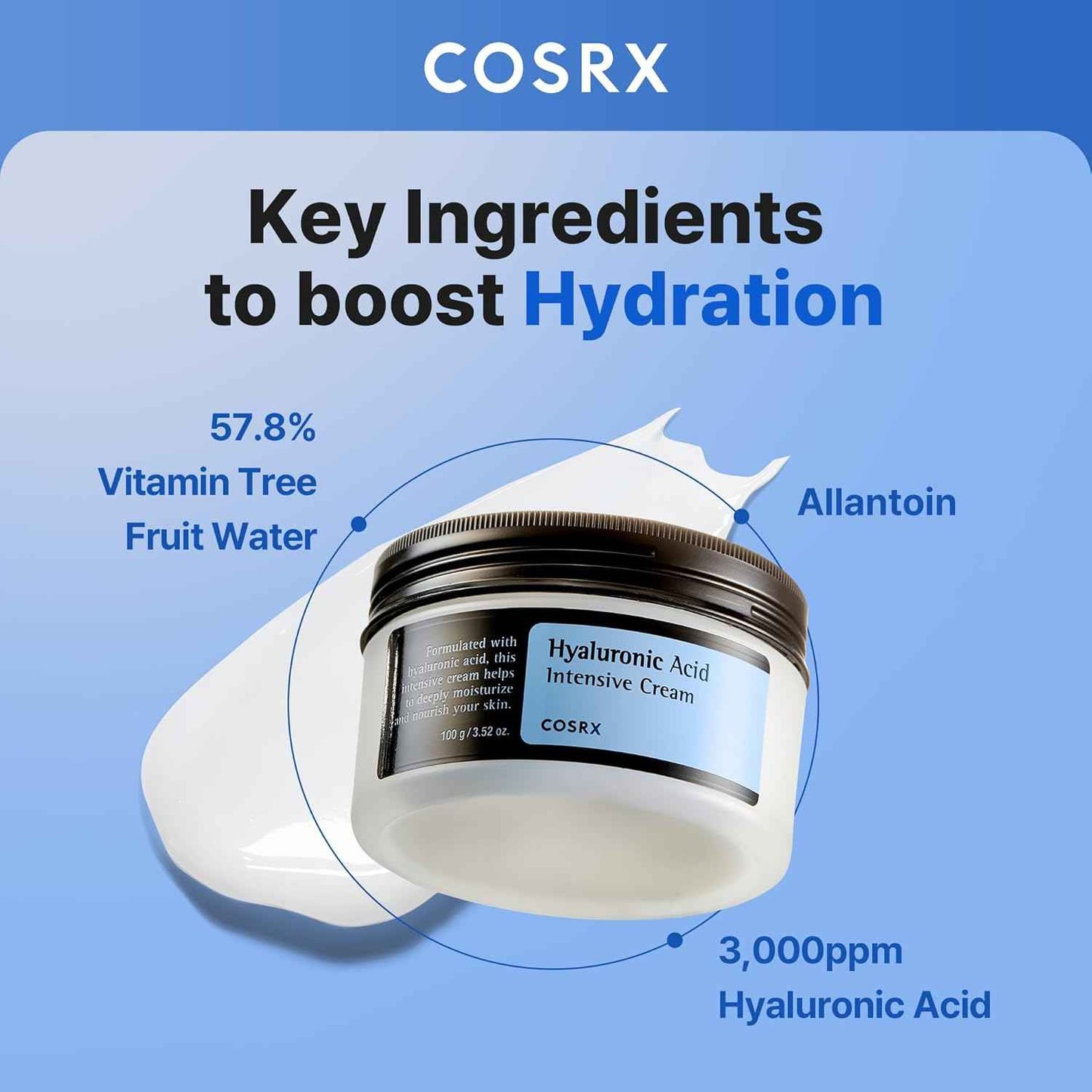 COSRX Hyaluronic Acid Moisturizing Cream, Long-lasting Hydration, Rich Moisturizer for Sensitive Skin 3.52 oz / 100g, Korean Skin Care, Animal Testing Free, Parabens Free