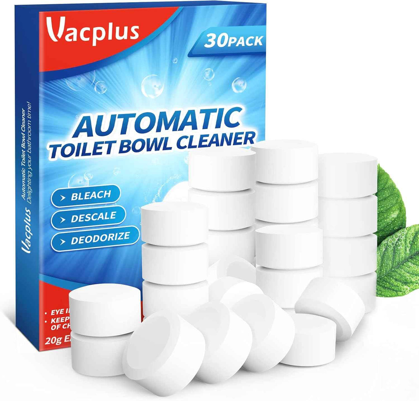 Vacplus Toilet Bowl Cleaner Tablets, Automatic Toilet Bowl Cleaners with Bleach for Deodorizing and Descaling, Bathroom Cleaner Against Tough Stains