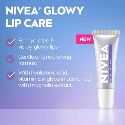 NIVEA Glowy Lips, Vegan Lip Balm with Hyaluronic Acid, Vitamin E, and Magnolia Extract, Moisturizing Lip Balm Instantly Boosts Natural Lip Glow, 0.35 Fl Oz Tube