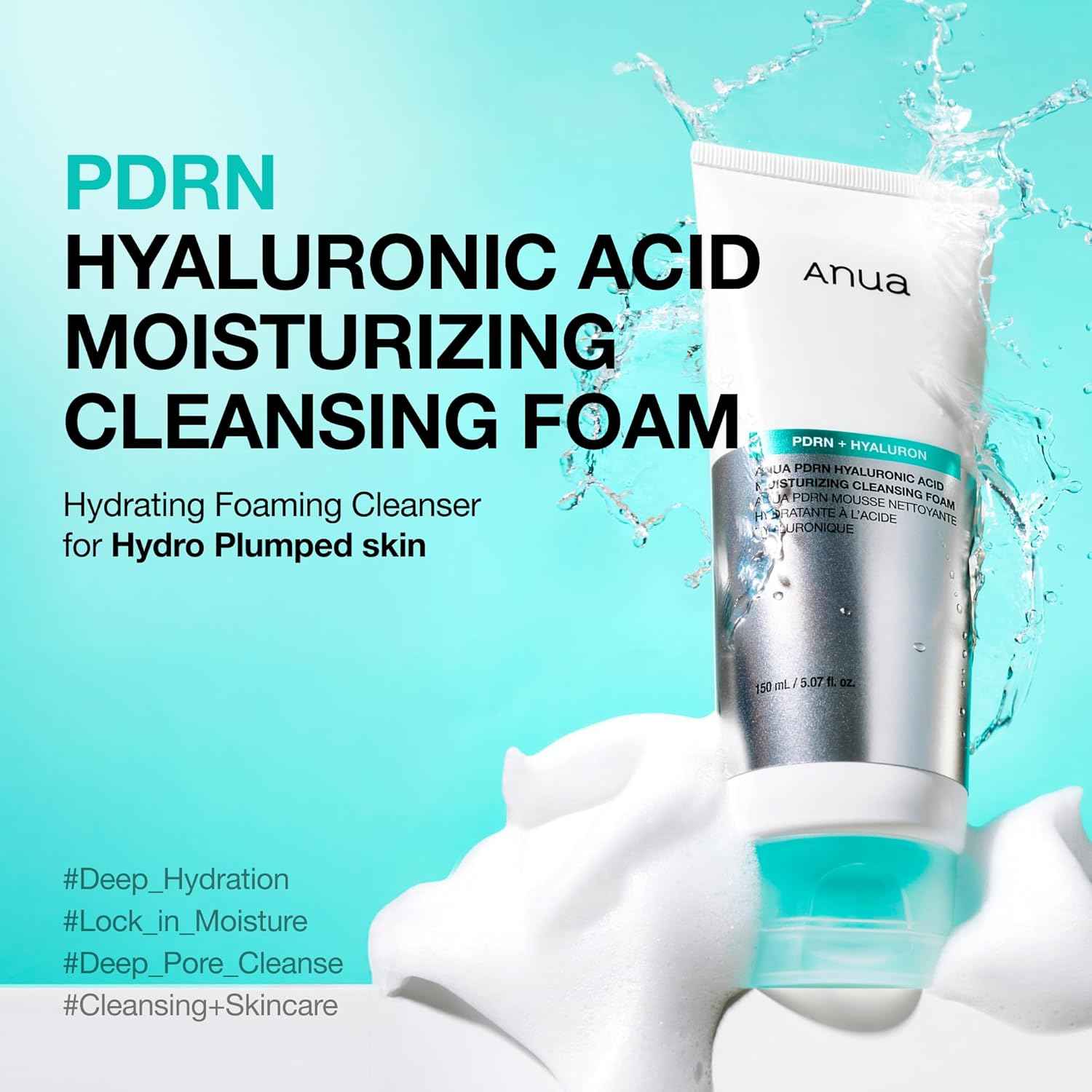 Anua PDRN Hyaluronic Acid Moisturizing Cleansing Foam, Daily Gentle Face Wash for Dry Skin, Salmon DNA Hydrating & Soft Facial Cleanser, Barrier Repair & Glow Glass Skin, Korean Skincare, 5.07 fl oz.