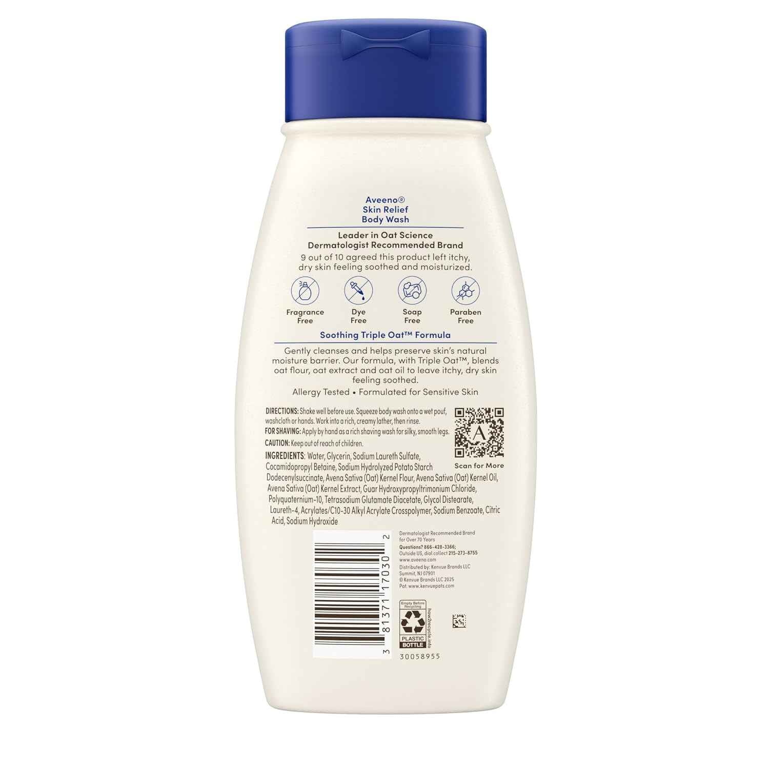 Aveeno Skin Relief Body Wash, Fragrance-Free with Triple Oat complex, Gentle Daily Cleanser for Sensitive Skin Leaves Itchy, Dry Skin Feeling Soothed & Moisturized, Soap-Free