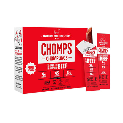 Chomps Snack Size Grass-Fed and Finished Jerky Snack Sticks 0.5oz 24-Pack - Keto, Paleo, Whole30, 4g Lean Meat Protein, Gluten-Free, Zero Sugar Food, Non-GMO Chomplings