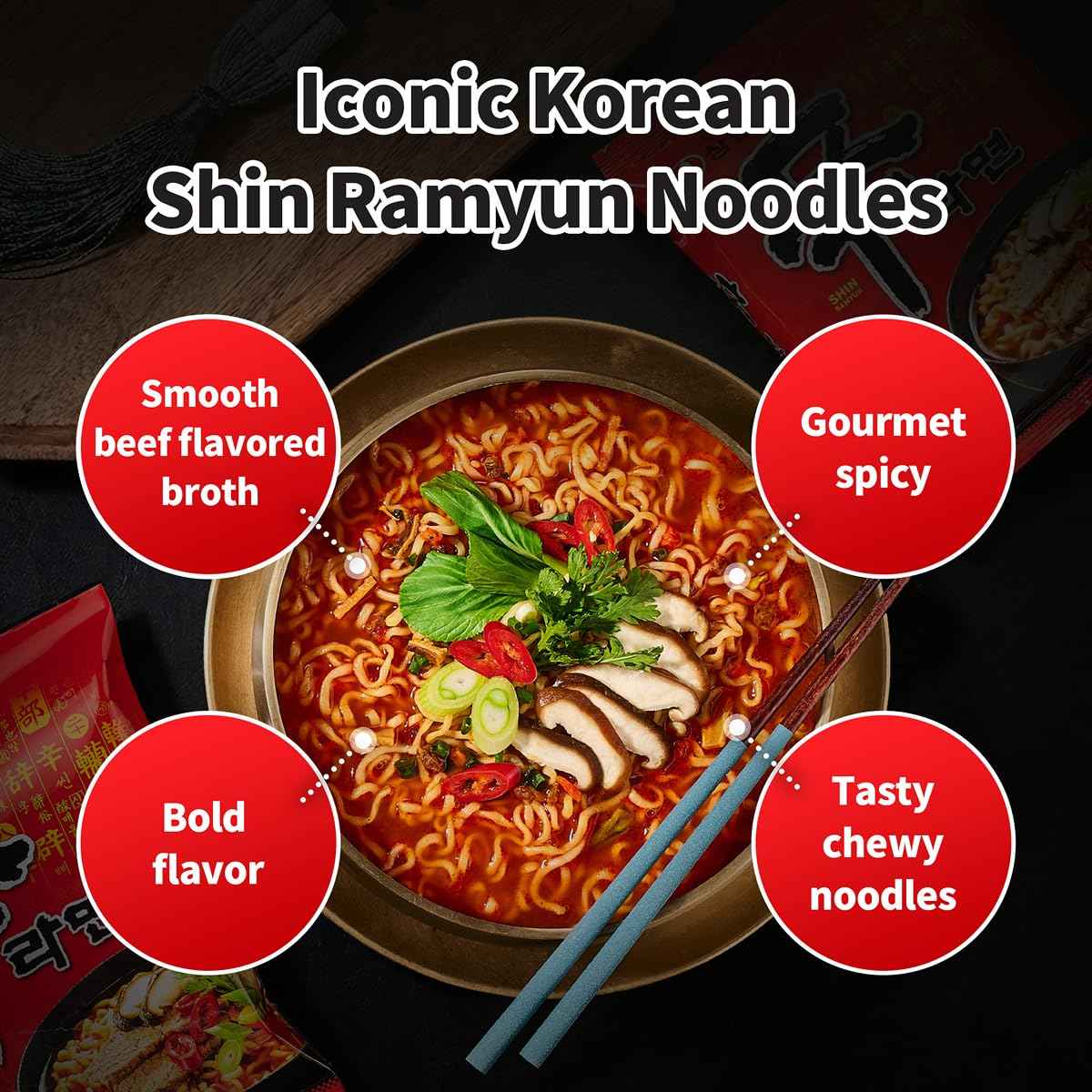 Nongshim Shin Ramyun Noodles, Spicy Korean Signature Instant Ramyun, Rich Beef Flavored Broth, Microwaveable, Korean Instant Noodles, 4.23 oz