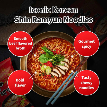 Nongshim Shin Ramyun Noodles, Spicy Korean Signature Instant Ramyun, Rich Beef Flavored Broth, Microwaveable, Korean Instant Noodles, 4.23 oz