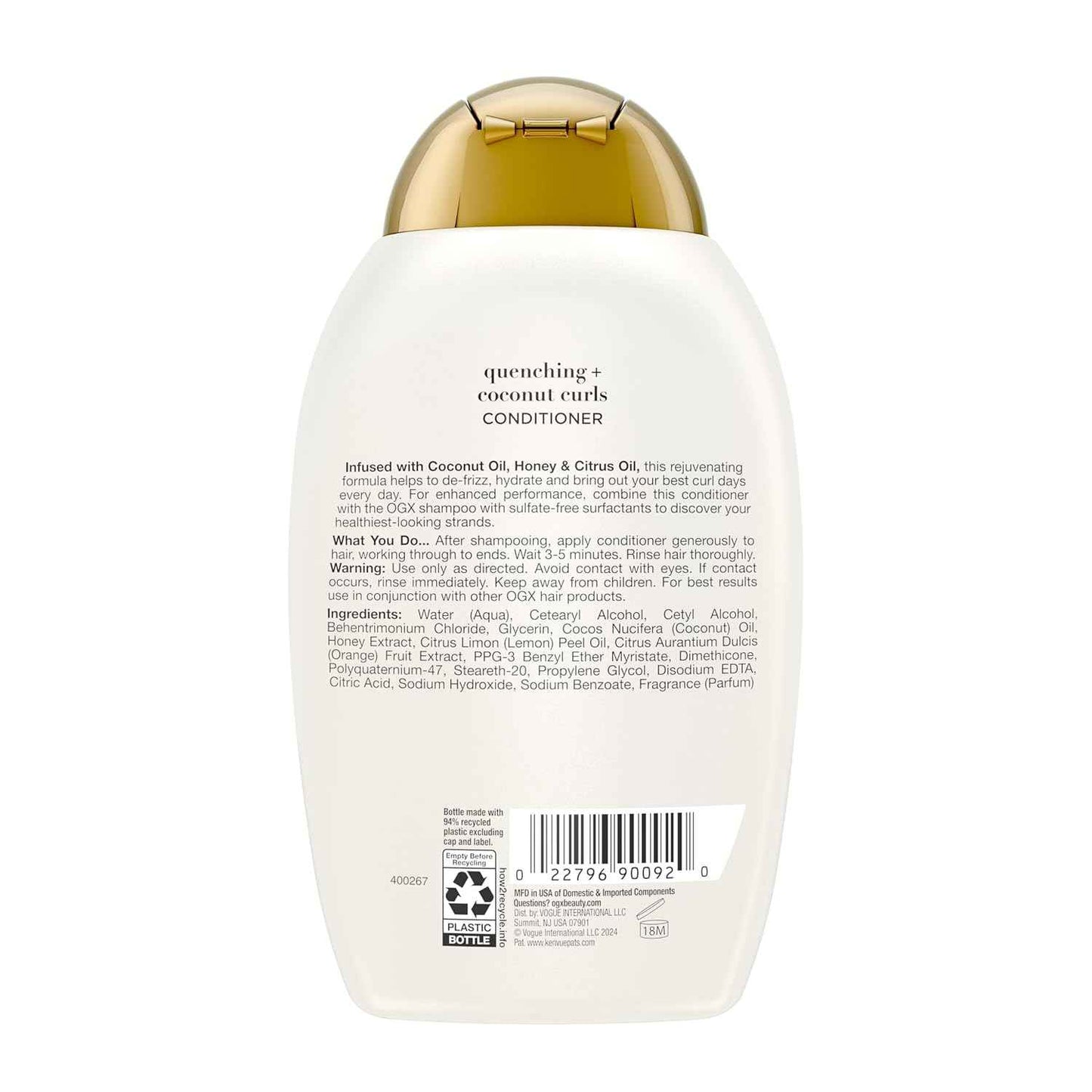 OGX Quenching + Coconut Curls Curl-Defining Conditioner, Nourishing Curly Hair Conditioner with Coconut /Citrus Oil & Honey, Paraben-Free with Sulfate-Free Surfactants, 13oz