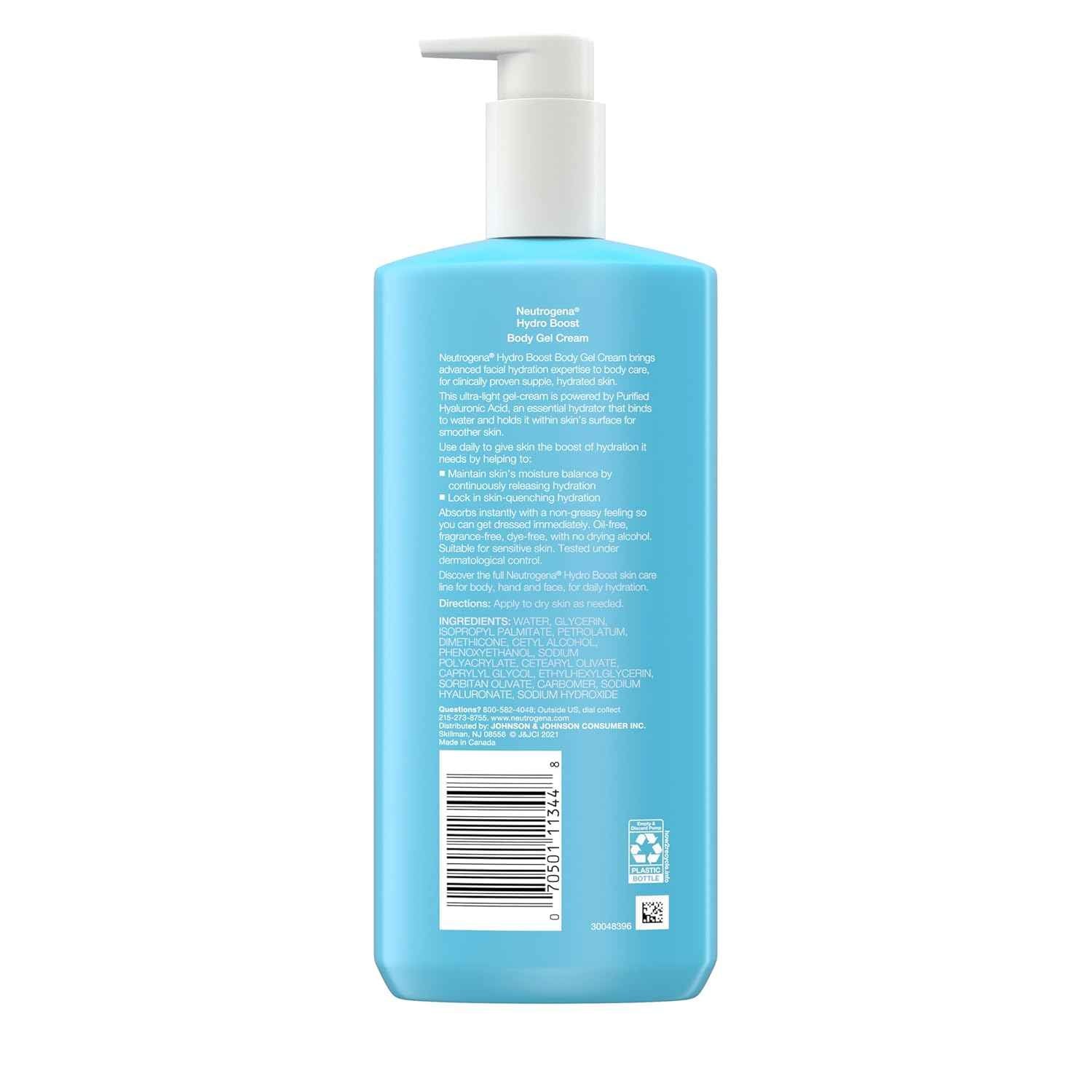 Neutrogena Hydro Boost Body Gel Cream, Hydrating Body Lotion with Hyaluronic Acid for Sensitive Skin, Fragrance-Free Hyaluronic Acid Moisturizer, 16 oz
