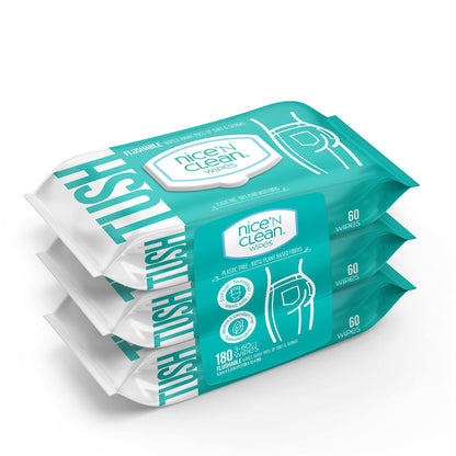 Nice &amp;#39;N Clean Adult Flushable Wipes (3 x 60 Count) | Personal Cleansing Wipes Made from Plant-Based Fibers | Infused with Aloe &amp;amp; Vitamin E