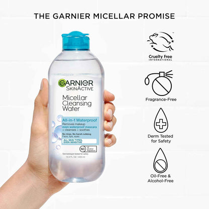 Garnier Micellar Water For Waterproof Makeup, Hydrating Facial Cleanser & Makeup Remover, Suitable for Sensitive Skin, Vegan, Cruelty Free