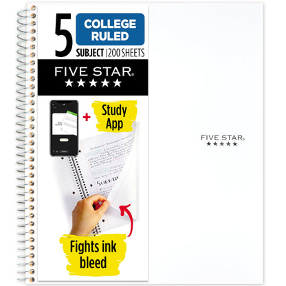Five Star Spiral Notebook + Study App, 5 Subject, College Ruled Paper, 8-1/2&amp;#34; x 11&amp;#34;, 200 Sheets, Fights Ink Bleed, Water Resistant Cover, White (72460)
