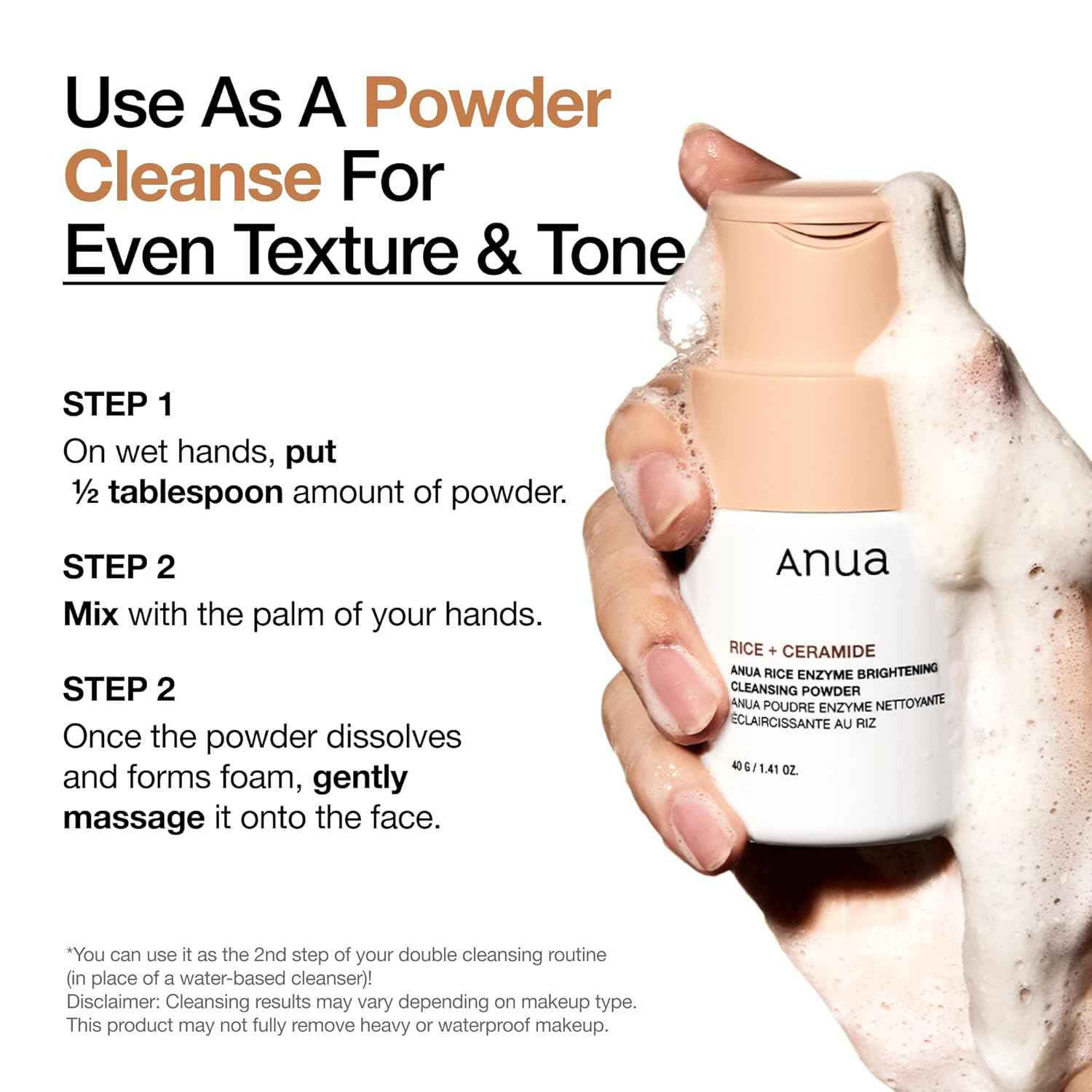 ANUA Rice Enzyme Brightening Cleansing Powder, Exfoliating Powder-to-Foam Cleanser, Smooth Texture & Clarity, Hydrating & Gentle Formula, Korean Skincare,1.41 fl.oz