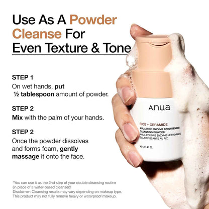 ANUA Rice Enzyme Brightening Cleansing Powder, Exfoliating Powder-to-Foam Cleanser, Smooth Texture & Clarity, Hydrating & Gentle Formula, Korean Skincare,1.41 fl.oz