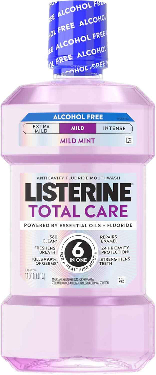 Listerine Total Care Alcohol-Free Mild Mouthwash, 6 Benefit Oral Rinse to Help Kill 99.9% of Germs that Cause Bad Breath, Strengthen Enamel, Mild Mint Flavor