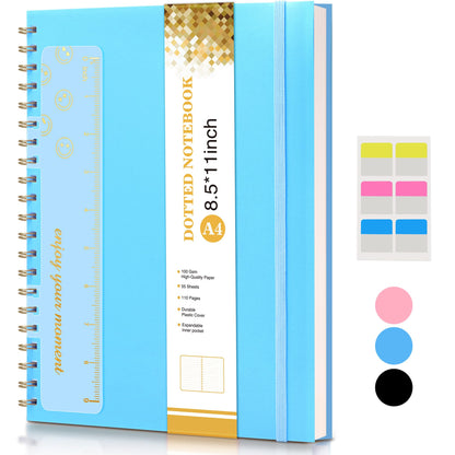 UEBZFOCS Dotted Notebook, Spiral Notebook Journal 8.5” x 11”, A4 Large Dot Grid Notebooks for Women Men, 100 GSM Dotted Paper, Plastic Hardcover Spiral Bullet Journals for Work School Sketching, Blue