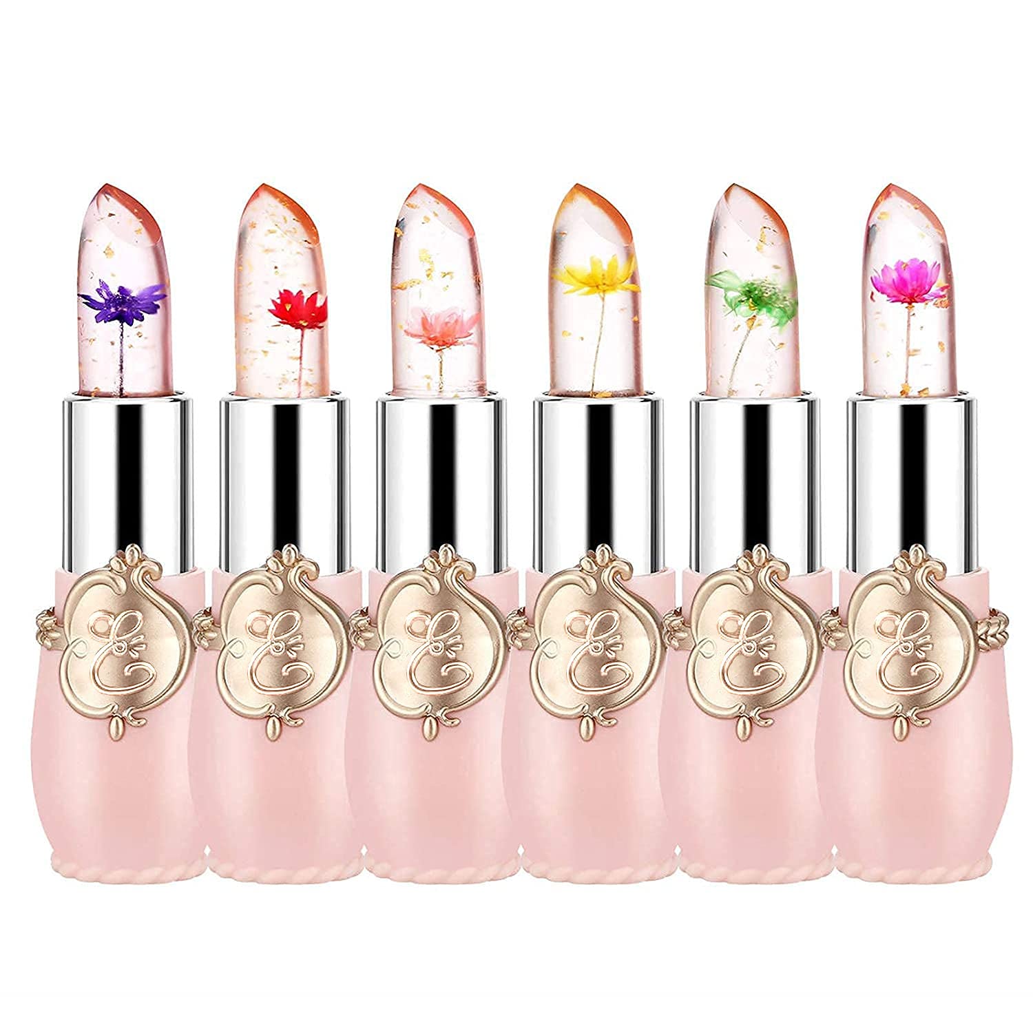 Pack of 6 Crystal Flower Jelly Lipstick, Ph Adjustive Lipsticks Temperature Color Change Long Lasting Nutritious Balm Lip Gloss, Small Gifts, Mothers Day Gifts, Teacher Appreciation Gifts (Pink)