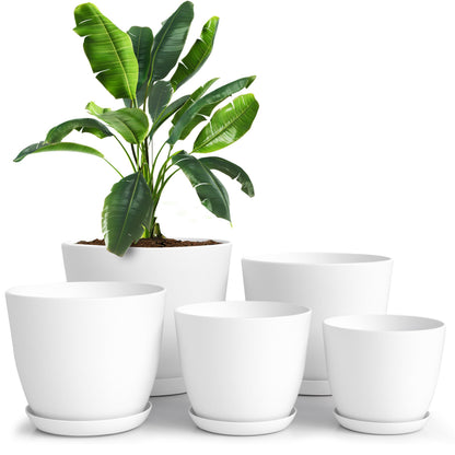 Utopia Home Plant Pots Indoor with Drainage Holes – Set of 5 White Plastic Flower Pots (7/6.6/6/5.3/4.8 Inch) – Modern Planters for Indoor Plants, Room &amp;amp; Office Décor, Great Stocking Stuffers