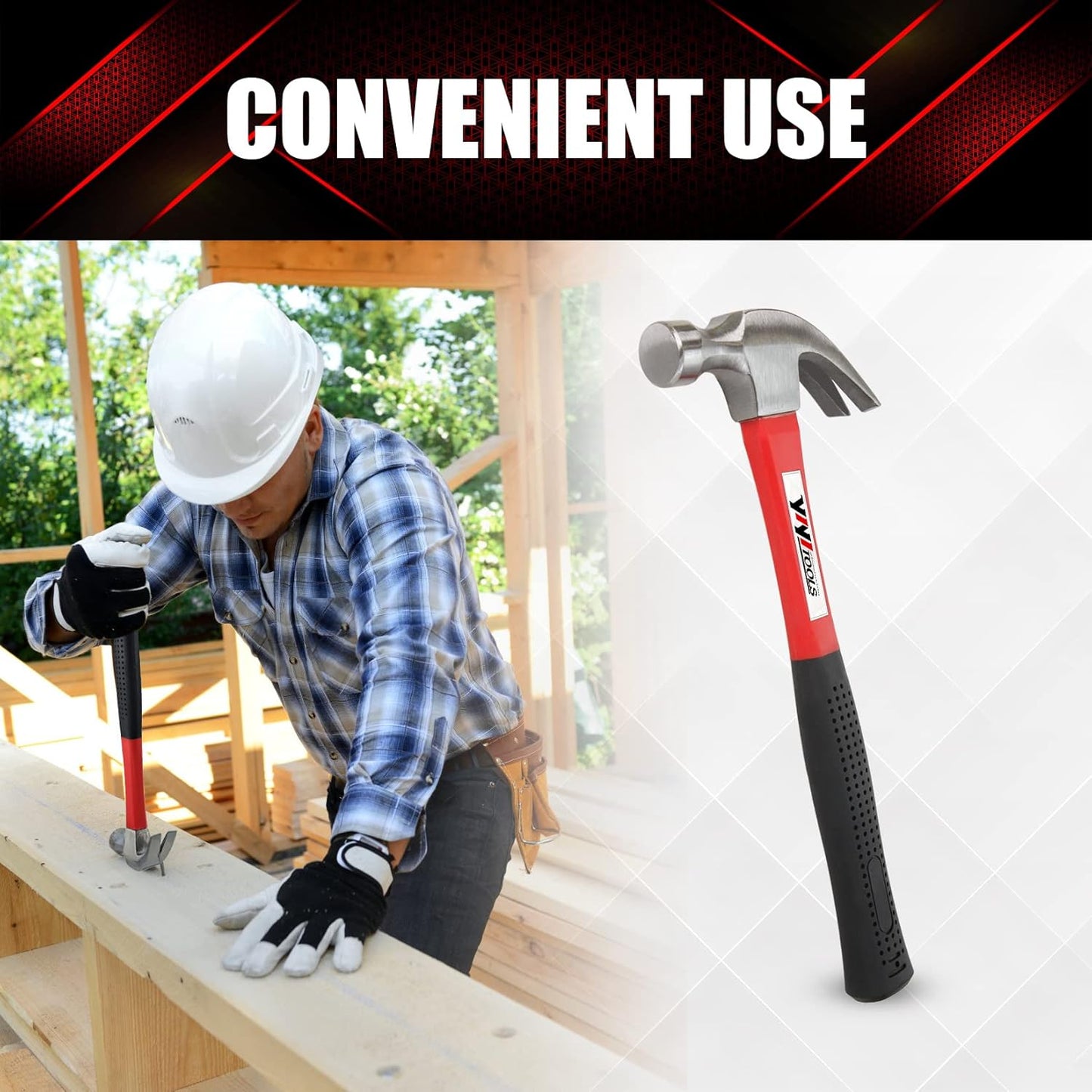 YIYITOOLS_Claw_Hammer_With_fiberglass_Handle_–_16-oz,_Red_and_Black_(YY-1-003)